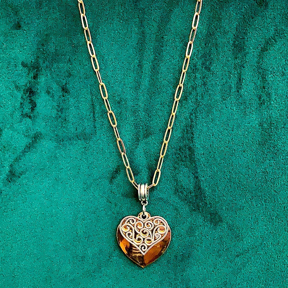 Gold Staple Chain Necklace w/ Gold & Silver Hearts